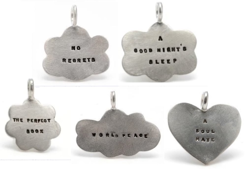 Image of Silver charms (No Regrets, A Good Night's Sleep, World Peace, The Perfect Book, A Soul Mate)