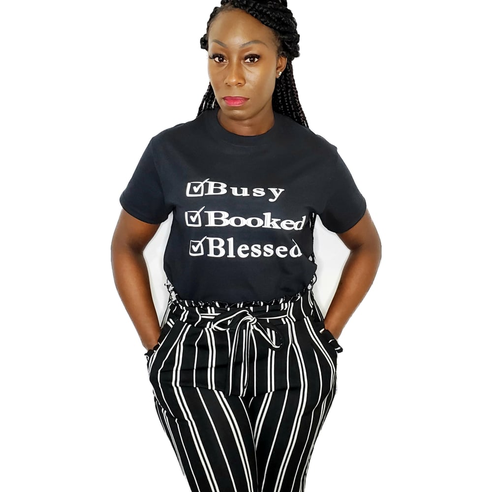 Image of Black & White "Booked & Busy" Blessed Tee