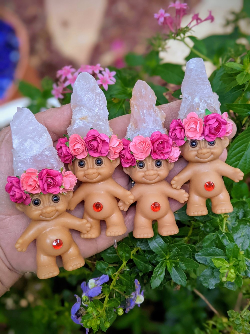 MADE TO ORDER: Rose Quartz Crystal Troll Shorty with Flower Crown 4"