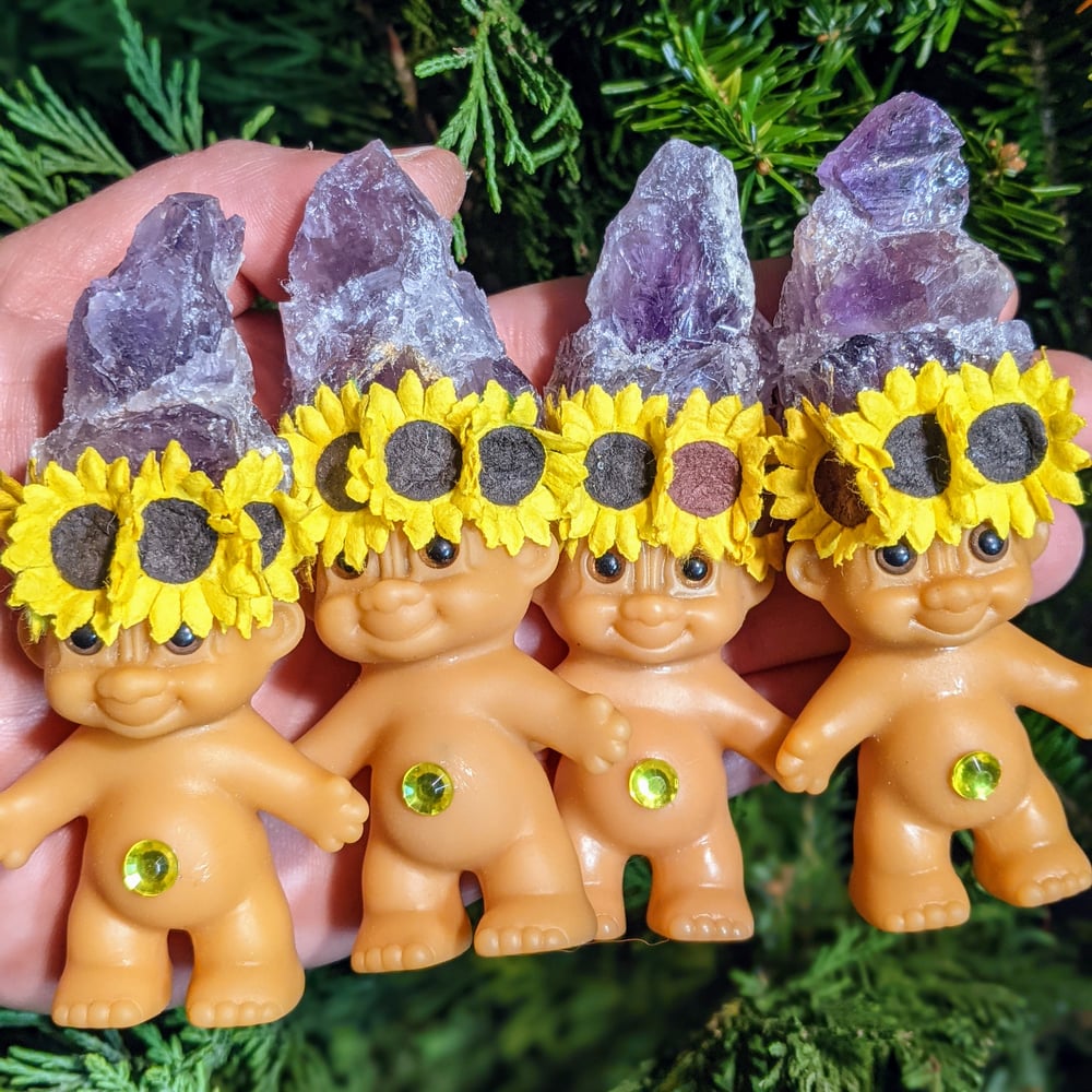 Amethyst Crystal Troll Shorty with Sunflower Crown 4"