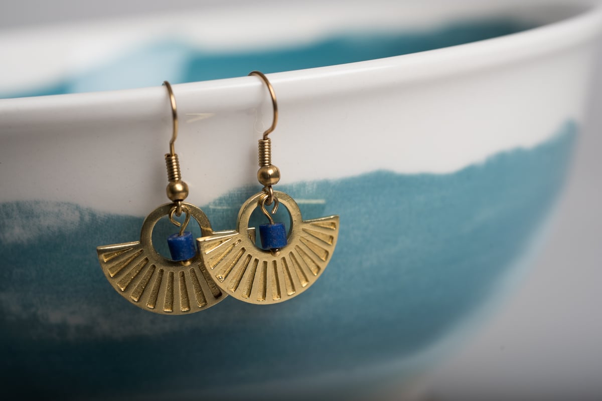 Image of Brass Fan and Lapis Earrings