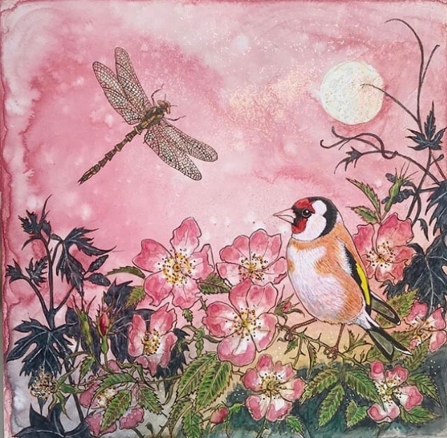 Image of Goldfinch, dog rose and dragonfly