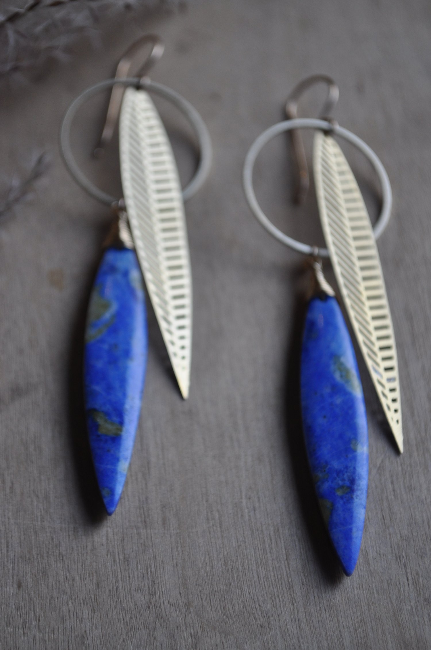 Image of Lapis Lazuli Leaf Hoop Dangles - OOAK