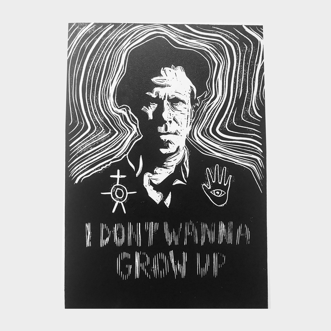 Image of Tom Waits. I Don't Wanna Grow up. Handmade A4 Linocut print on zerkall paper.
