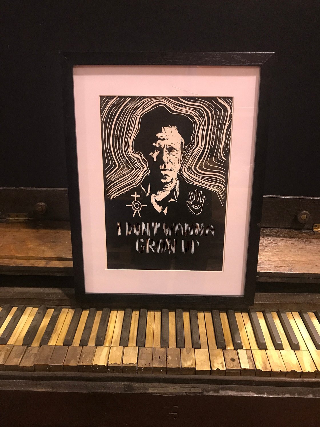 Image of Tom Waits. I Don't Wanna Grow up. Handmade A4 Linocut print on zerkall paper.