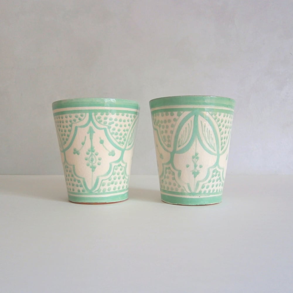 Image of MOROCCAN CERAMIC CUPS - LIGHT GREEN PATTERNS