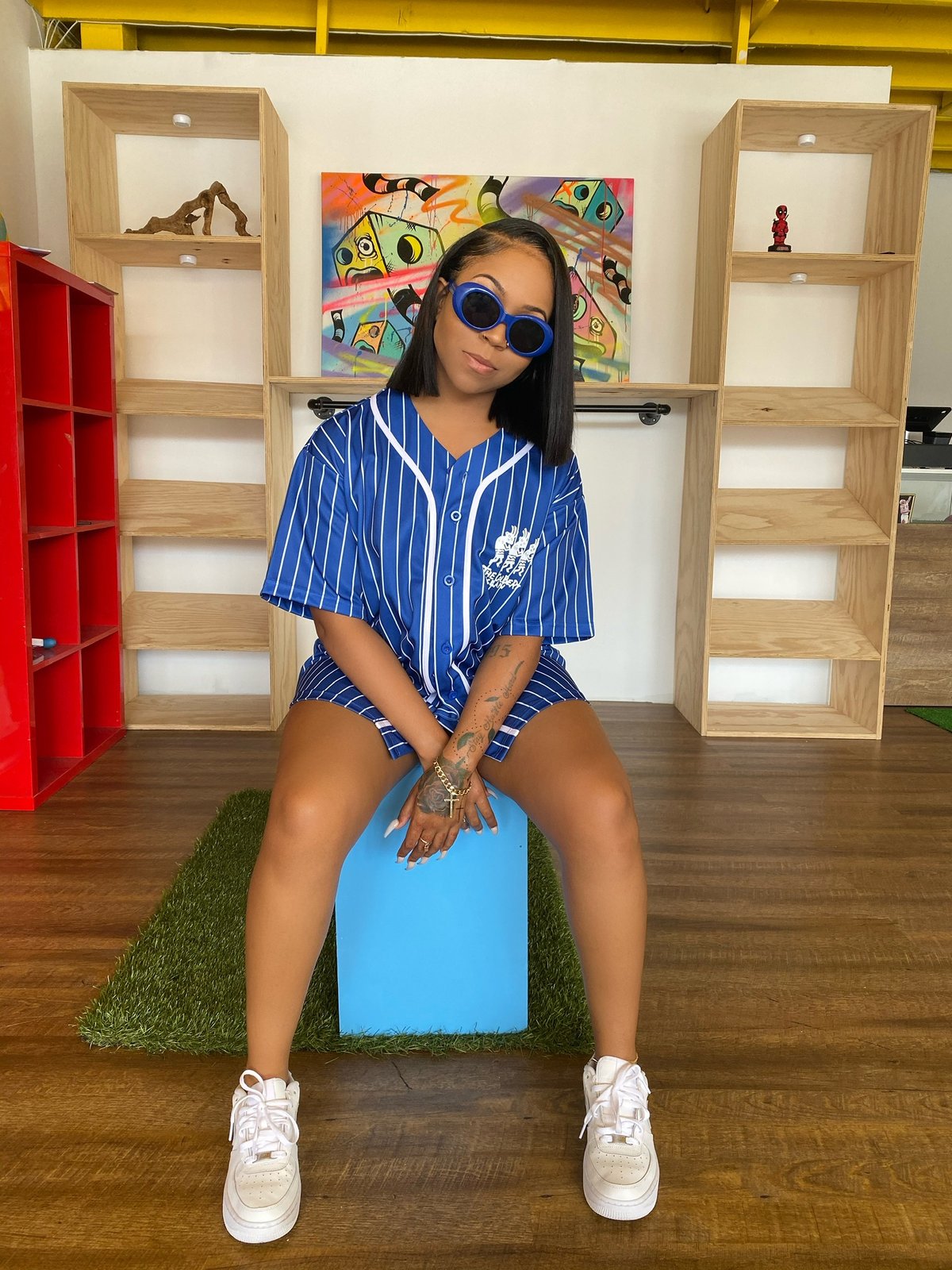 Image of Blue Colbert Klan Baseball Jersey w. White pinned stripes.