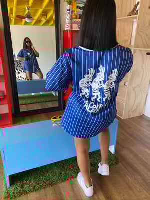 Image of Blue Colbert Klan Baseball Jersey w. White pinned stripes.
