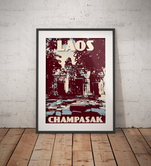 Image of Vintage poster Laos - Champasak - Wat - Blue - Fine Art Print
