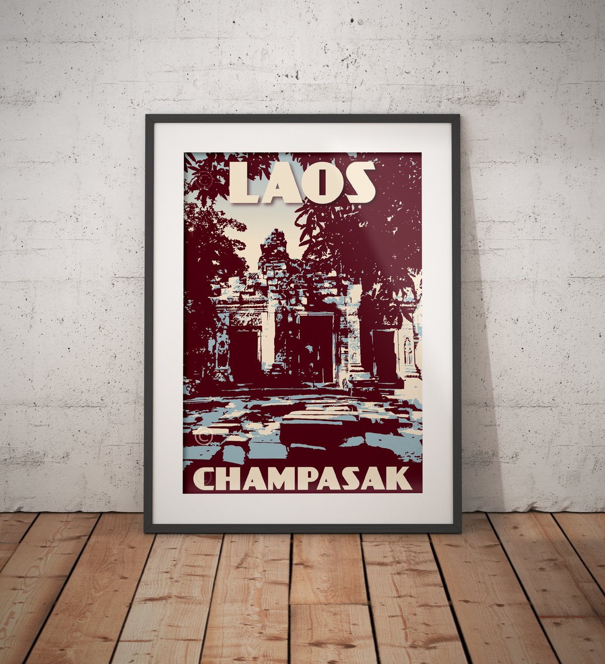 Image of Vintage poster Laos - Champasak - Wat - Blue - Fine Art Print