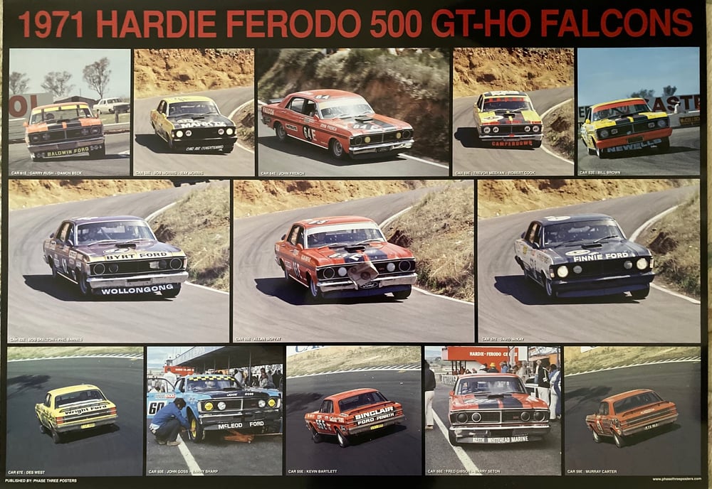 Image of Bathurst 1971 Ford Falcon GT-HO race cars. Large Hardie Ferodo 500 print.