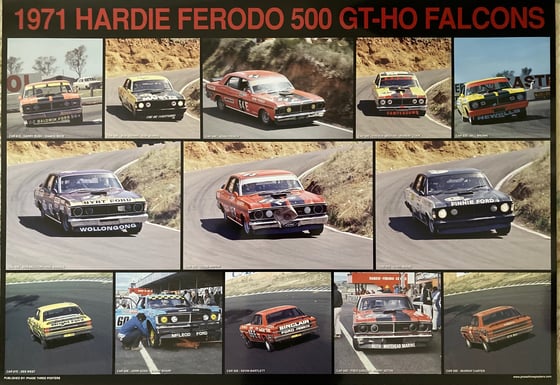 Image of Bathurst 1971 Ford Falcon GT-HO race cars. Large Hardie Ferodo 500 print.