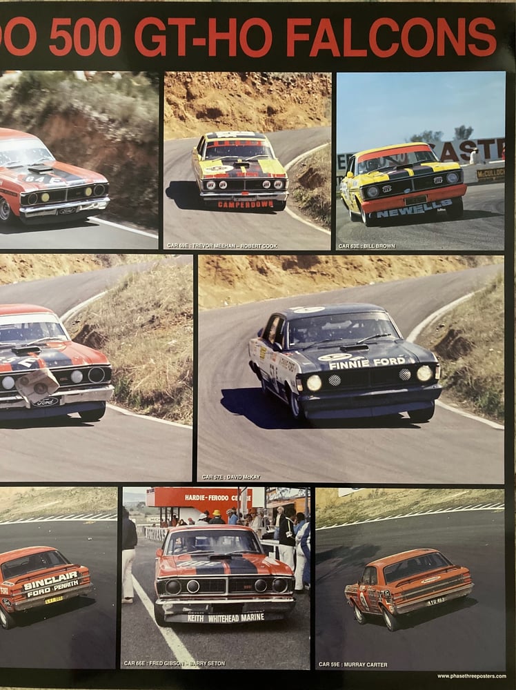 Image of Bathurst 1971 Ford Falcon GT-HO race cars. Large Hardie Ferodo 500 print.