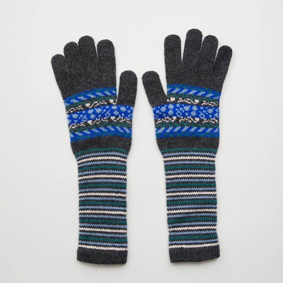 Image of Dot and Stripe Fairisle Long Gloves / Charcoal