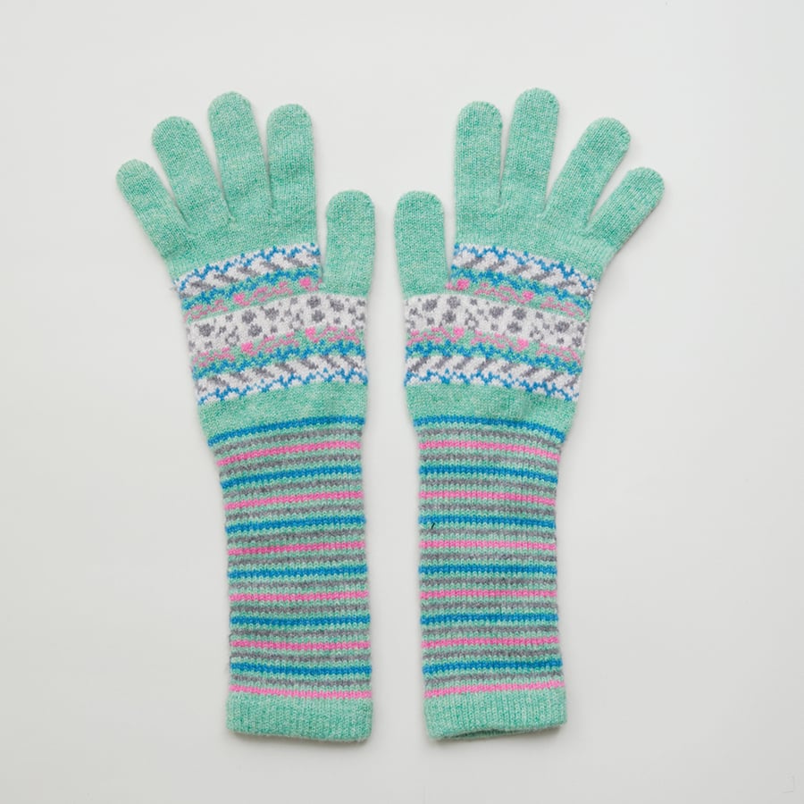 Image of Dot and Stripe Fairisle Long Gloves / Green