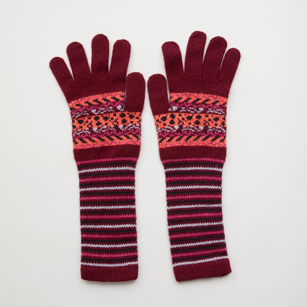 Image of Dot and Stripe Fairisle Long Glives / Wine