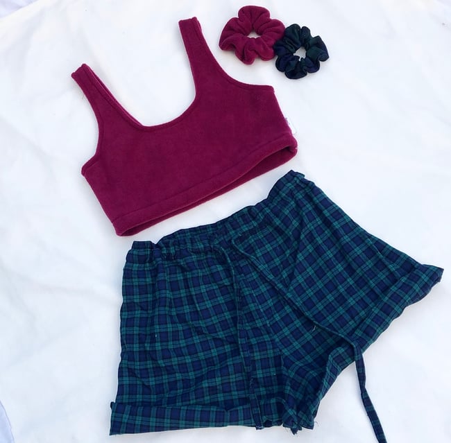 Fleece top, tartan shorts and scrunchie set
