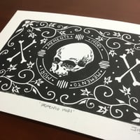 Image 4 of Memento mori skull and bones linocut print.