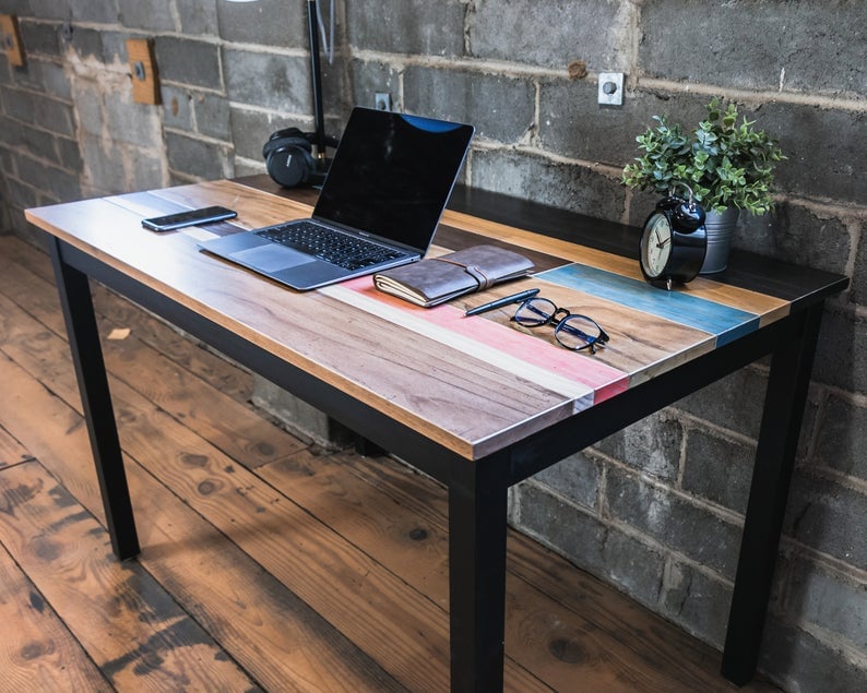 Image of Distressed Wood Desk or Table with Wood Legs