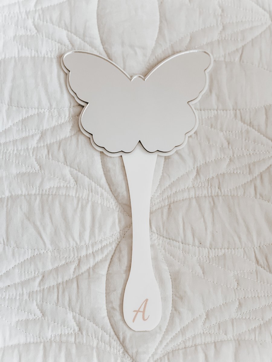 Image of Butterfly hand mirror white/ pink letter A