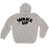 "WAKE UP" grey hooded sweater with black print + camo draw string