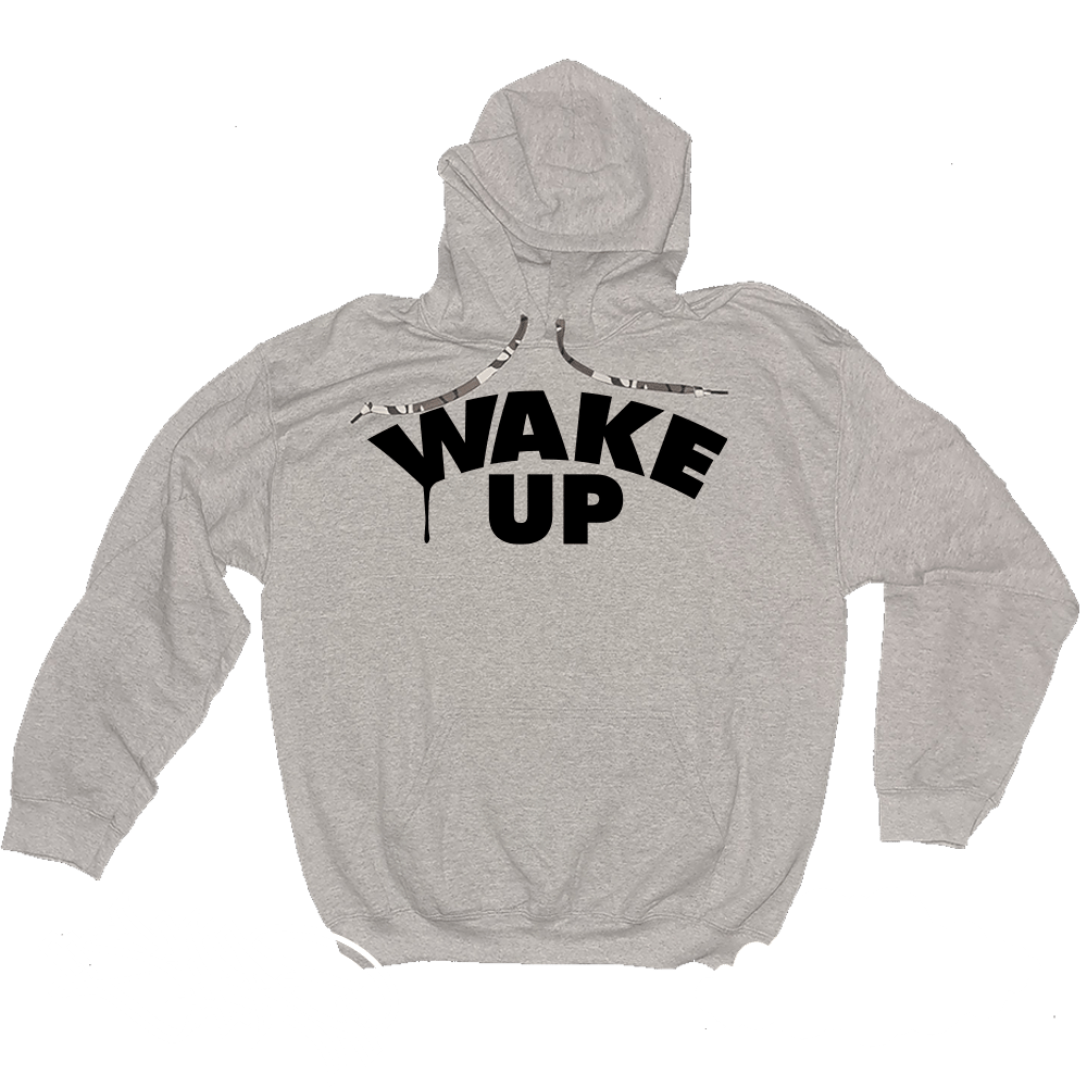 "WAKE UP" grey hooded sweater with black print + camo draw string