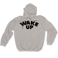 Image 1 of "WAKE UP" grey hooded sweater with black print + camo draw string