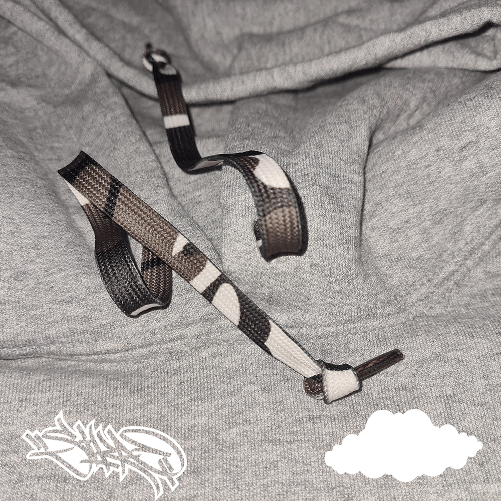 "WAKE UP" grey hooded sweater with black print + camo draw string