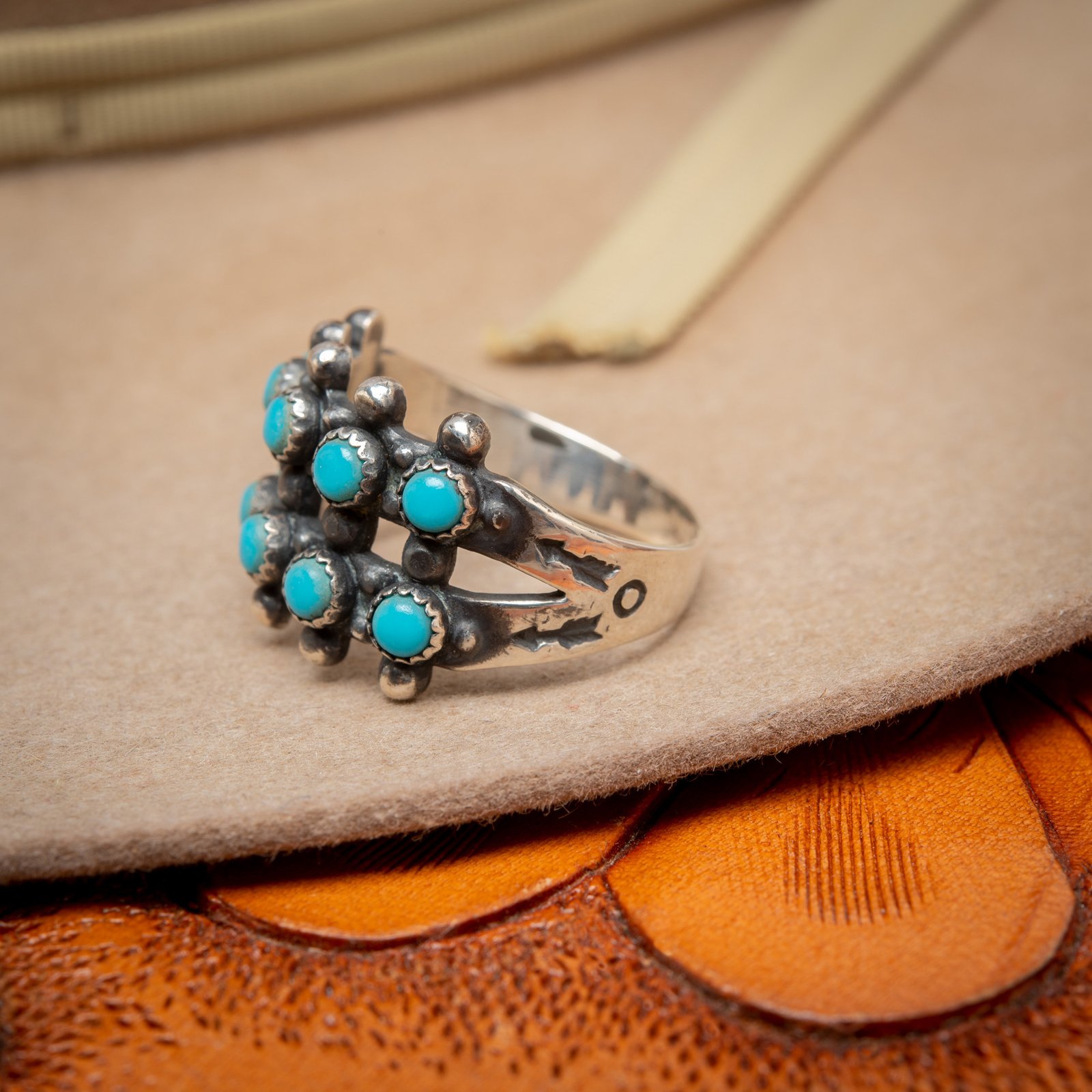 RRL Ralph Lauren Turquoise and Sterling Silver Ring, Two Rows Snake eyes  size 7