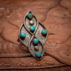 1970s Turquoise & Sterling Silver Ring with round snake eyes beads of turquoise size 5+