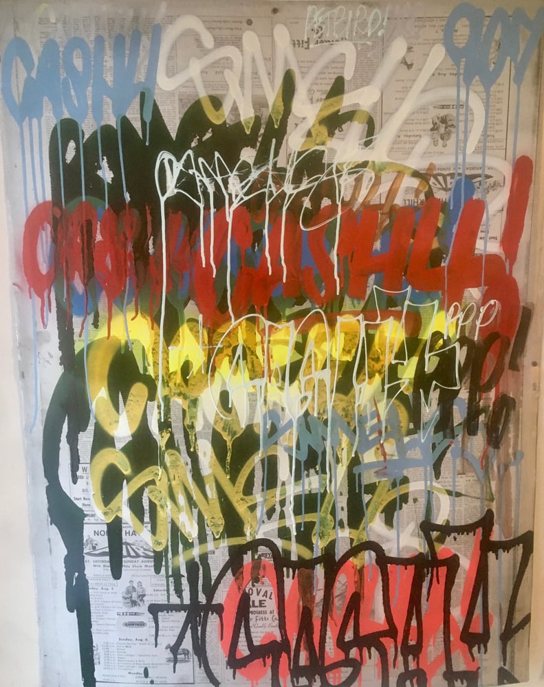 Image of cash4 smells - tag paintings on newspaper offset tin sheeting