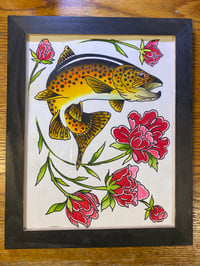 Image 1 of Framed Original Artwork Brown Trout & Peony