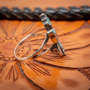 Image of Zuni Inlay Tiny Rainbowman Ring with Turquoise Jet and Coral Inlay size 6.25