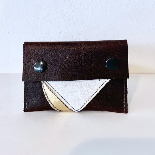 Dark Brown, White & Gold Leather Card Case/ Business Card Holder