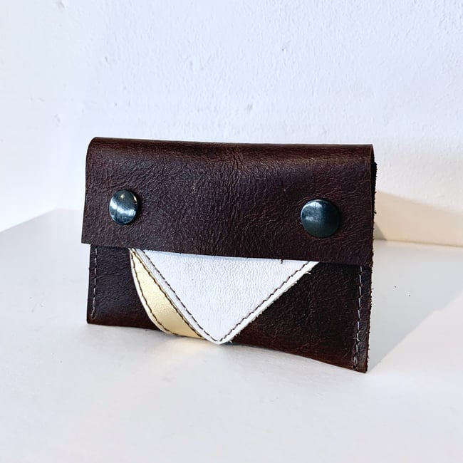 Dark Brown, White & Gold Leather Card Case/ Business Card Holder