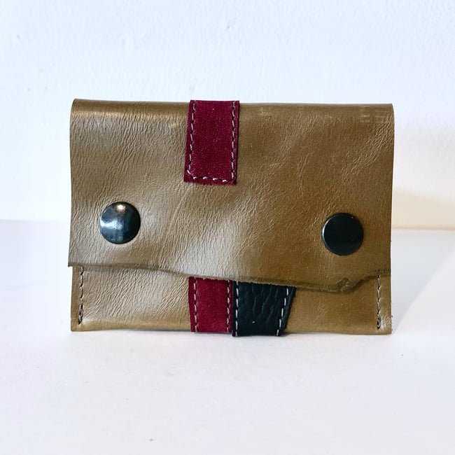 Dark Olive Green, Burgundy & Black Leather Card Case/ Business Card Holder