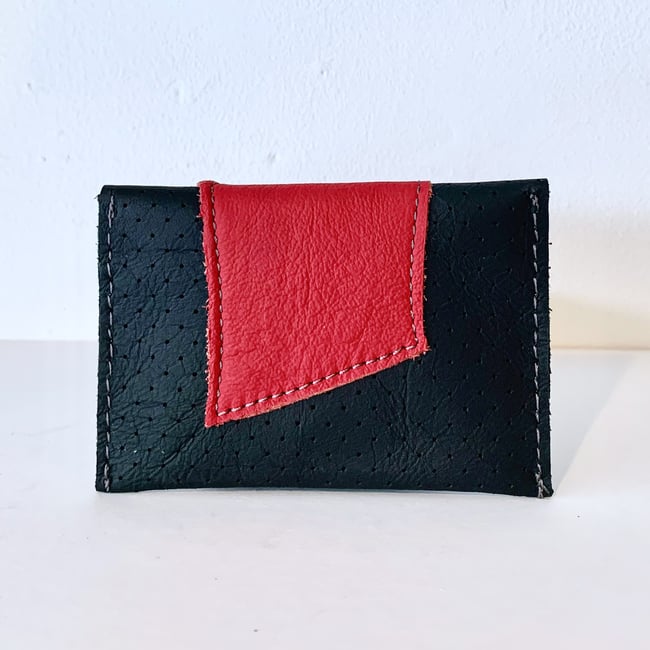 Red & Black Perforated Leather Card Case/ Business Card Holder