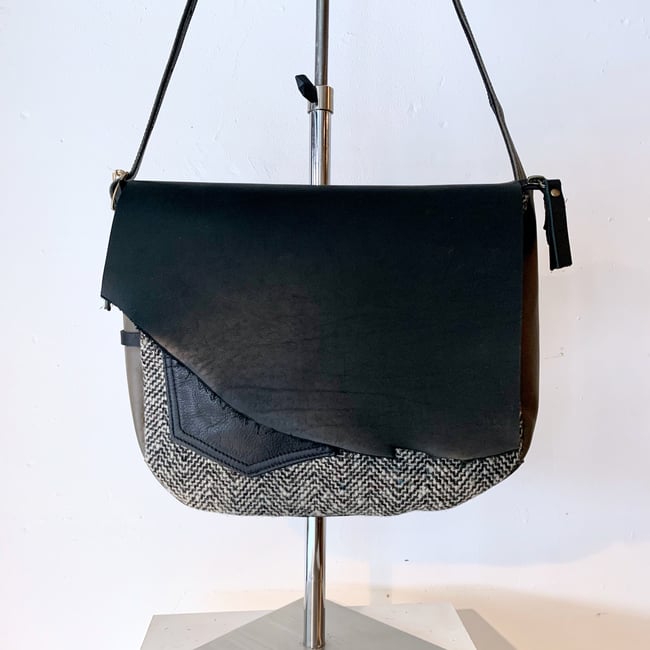 Herringbone Wool, Light Olive Green & Black Leather Messenger Bag