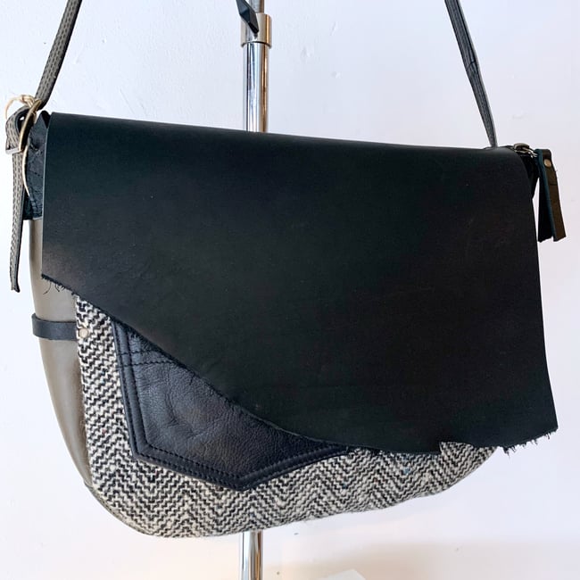 Herringbone Wool, Light Olive Green & Black Leather Messenger Bag