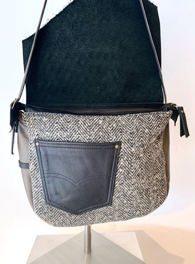 Herringbone Wool, Light Olive Green & Black Leather Messenger Bag