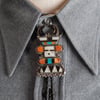 Vintage 1950s Antelope Kachina Sterling Silver Bolo Tie with inlaid, Turquoise, Jet,  MOP and  Coral