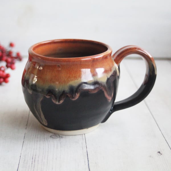 Image of Satin Black and Shiny Brown Mug, Stoneware Pottery Coffee Cup, Made in USA - A