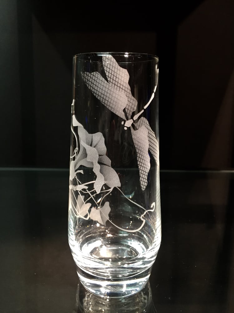 Image of Morning Glories and Dragonfly Stemless Champagne Glasses