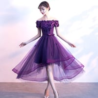 Image 4 of Lovely Tulle with Flowers Off Shoulder Party Dress, Cute High Low Prom Dress
