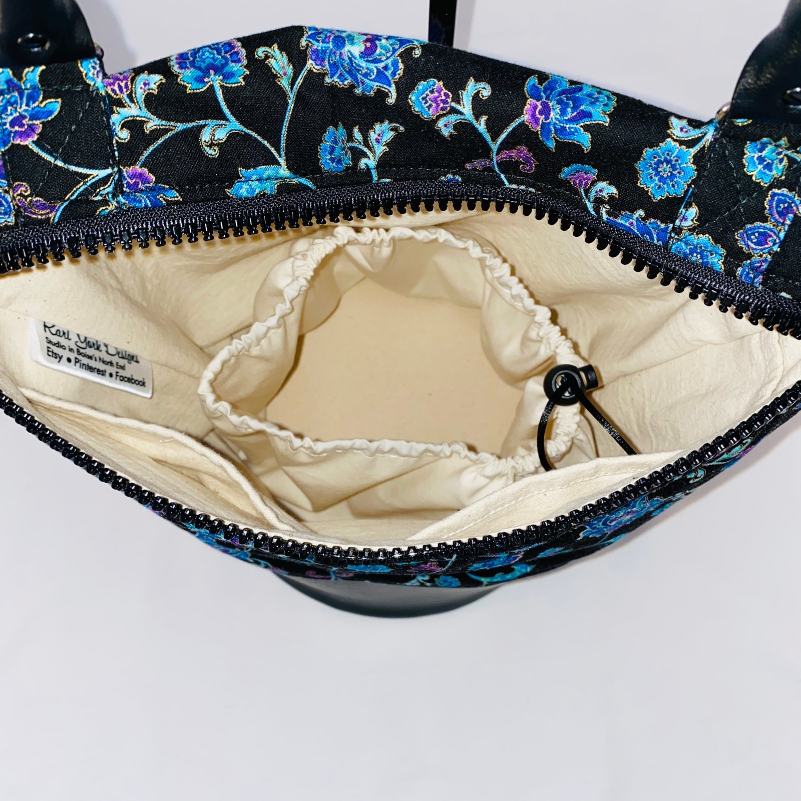 Medium Yarn Bowl Bag - Traveling Project Bag: outlet Blue Flowers & Vines on Black