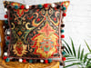 Moroccan Boho Black & Red Pillow with Pom Pom Trim