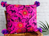 Bright Fuchsia and Dark Violet Paisley Throw Pillow with Pom Poms