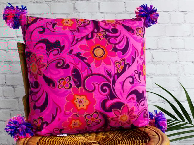 Bright Fuchsia and Dark Violet Paisley Throw Pillow with Pom Poms