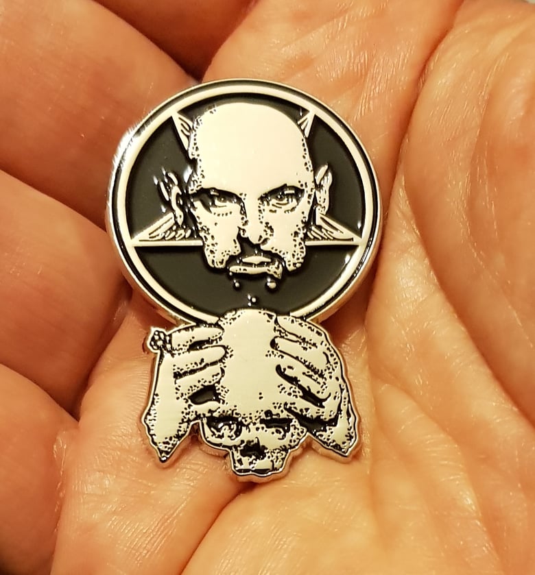 Image of Satan Speaks..tribute to Anton la Vey limited edition shaped enamel pin 