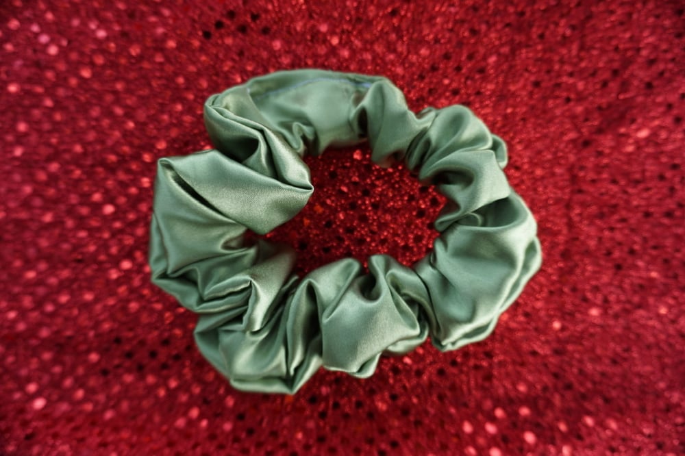 Image of Olive Green Satin Scrunchies 